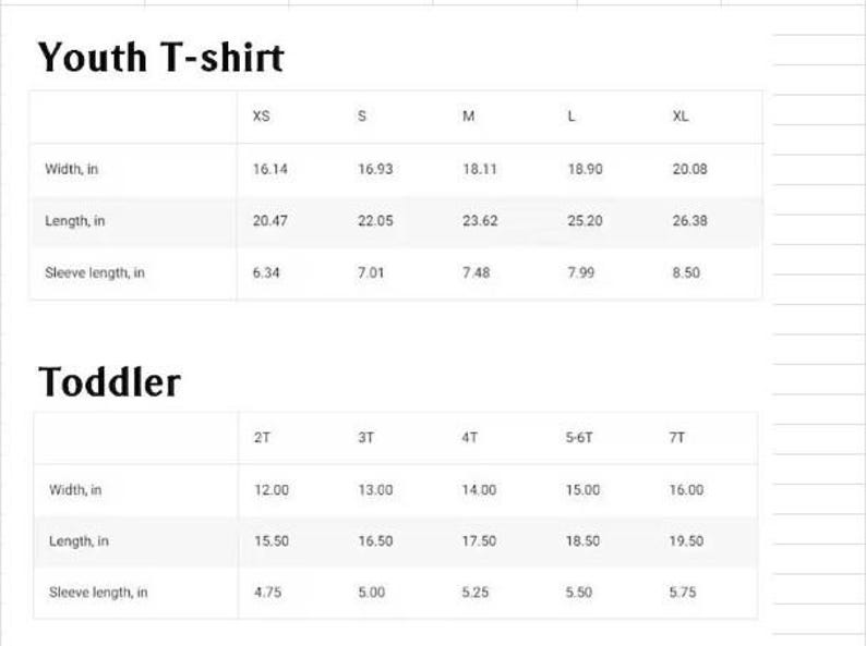 May include: Size chart for youth and toddler t-shirts, showing width, length, and sleeve length in inches for different sizes.