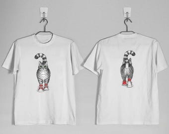 Funny Two-Sided Cat Wearing Red Sneakers Tee for Kids, Toddlers and Adults,