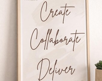 Créer Collaborer Livrer Bureau Imprimer | Art minimaliste neutre pour le lieu de travail (téléchargement numérique)