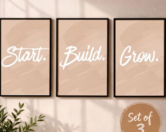 Lot de 3 impressions de bureau motivantes, art mural Start Build Grow (téléchargement numérique)