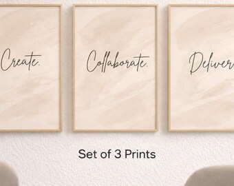 Lot de 3 impressions de bureau motivantes, création en collaboration, livraison neutre pour lieu de travail (téléchargement numérique)