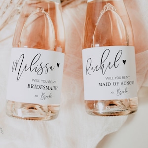 Will you be my bridesmaid label, mini champagne label, Bridesmaid proposal box idea, maid of honor gift,  bridal party proposal