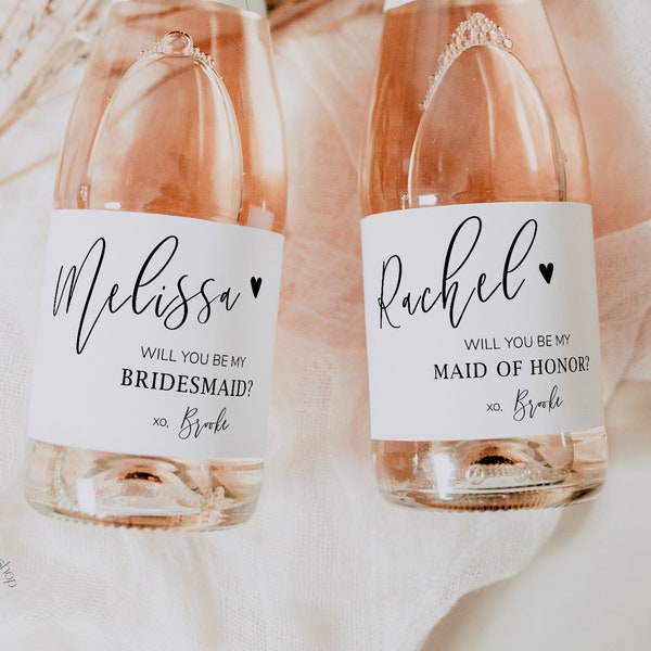 Will you be my bridesmaid label, mini champagne label, Bridesmaid proposal box idea, maid of honor gift,  bridal party proposal