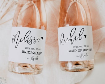 Will you be my bridesmaid label, mini champagne label, Bridesmaid proposal box idea, maid of honor gift,  bridal party proposal