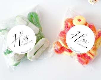 His and Her Favorite Stickers, Wedding Favors for Guests, Wedding Treat Bags, Custom Wedding Stickers, Wedding Stickers Personalized