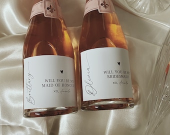 Will you be my bridesmaid label, mini champagne label, Bridesmaid proposal box idea, maid of honor gift,  bridal party proposal