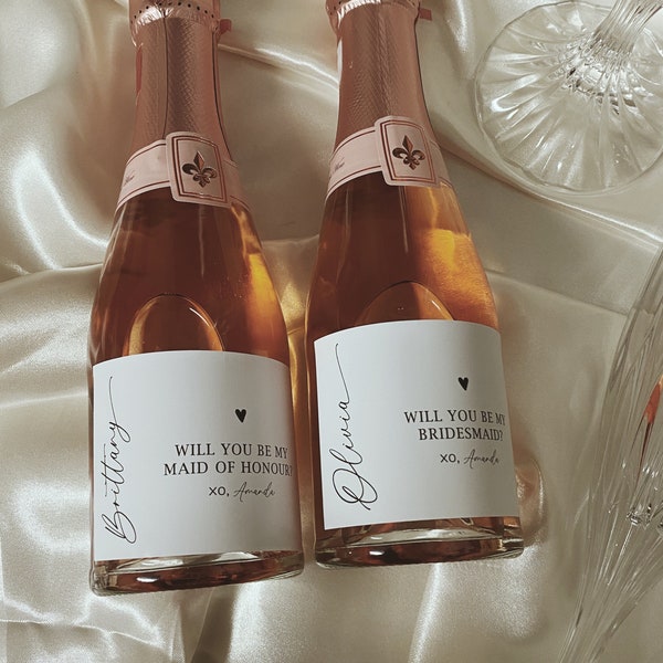 Will you be my bridesmaid label, mini champagne label, Bridesmaid proposal box idea, maid of honor gift,  bridal party proposal