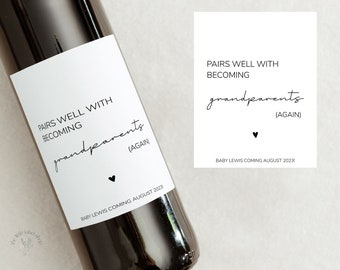 Pairs well with becoming grandparents again wine label, new baby announcement gift, grandparents gift,  grandma, grandpa gift
