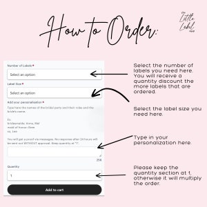 Op de afbeelding: Een witte en roze grafiek met instructies over het bestellen van aangepaste labels. De grafiek bevat een formulier met velden voor de hoeveelheid, de labelgrootte en de personalisatie. De tekst "How to Order" is geschreven in zwarte cursieve letters.