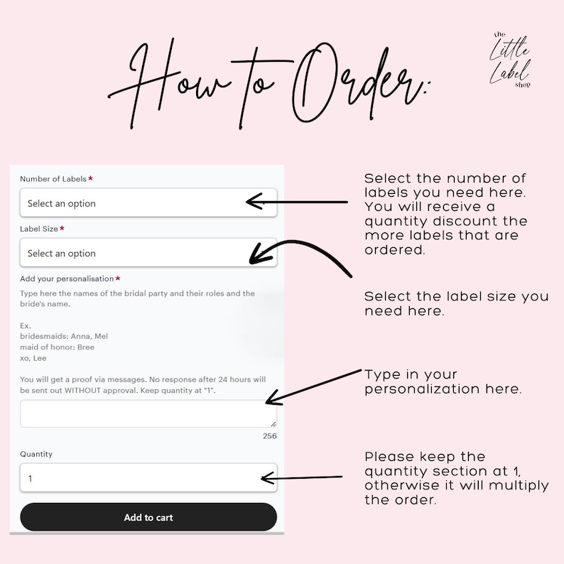 Op de afbeelding: Een witte en roze grafiek met instructies over het bestellen van aangepaste labels. De grafiek bevat een formulier met velden voor de hoeveelheid, de labelgrootte en de personalisatie. De tekst "How to Order" is geschreven in zwarte cursieve letters.