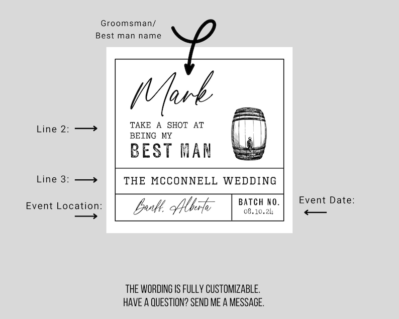 Op de afbeelding: Een zwart-witte huwelijksuitnodigingskaart met de tekst "Neem een ​​shot om mijn getuige te zijn" en een ton-illustratie. De kaart bevat ook de tekst "The McConnell Wedding", "Banff, Alberta", en "Batch No. 08.10.24".