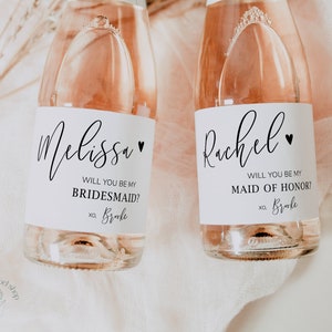 Will you be my bridesmaid label, mini champagne label, Bridesmaid proposal box idea, maid of honor gift,  bridal party proposal