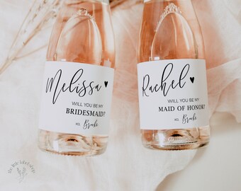 Will you be my bridesmaid label, mini champagne label, Bridesmaid proposal box idea, maid of honor gift,  bridal party proposal