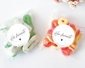 His and Her Favorite Stickers, Wedding Favors for Guests, Wedding Treat Bags, Custom Wedding Stickers, Wedding Stickers Personalized