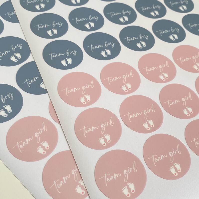 May include: A sheet of stickers with pink and blue circles. The circles have the text "Team Girl" and "Team Boy" with a pair of footprints in the center.
