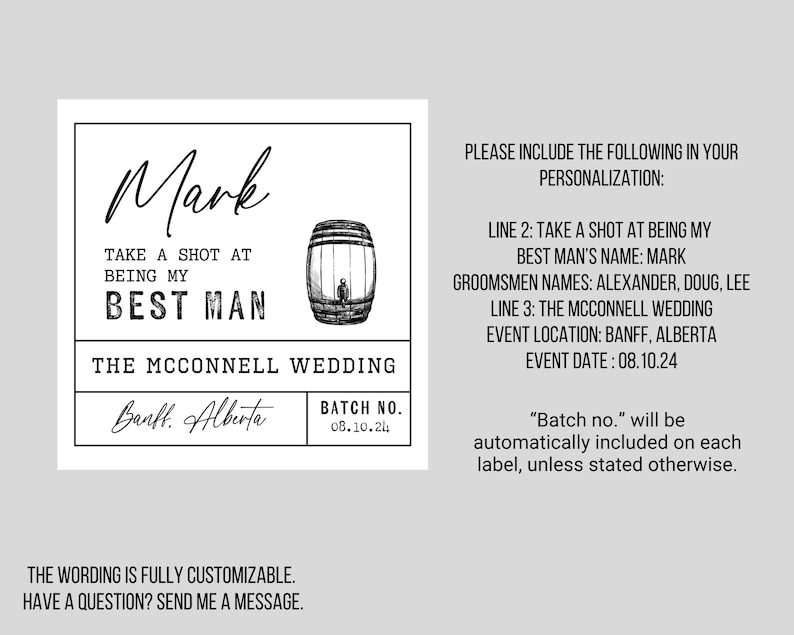 Op de afbeelding: Een zwart-witte illustratie van een vat met de tekst "Mark Take a shot at being my best man The McConnell Wedding Banff, Alberta 08.10.24" gedrukt op een witte achtergrond.
