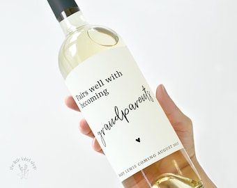 Grandparents pregnancy announcement wine label, baby announcement gift, personalized wine label, pairs well with becoming grandparents