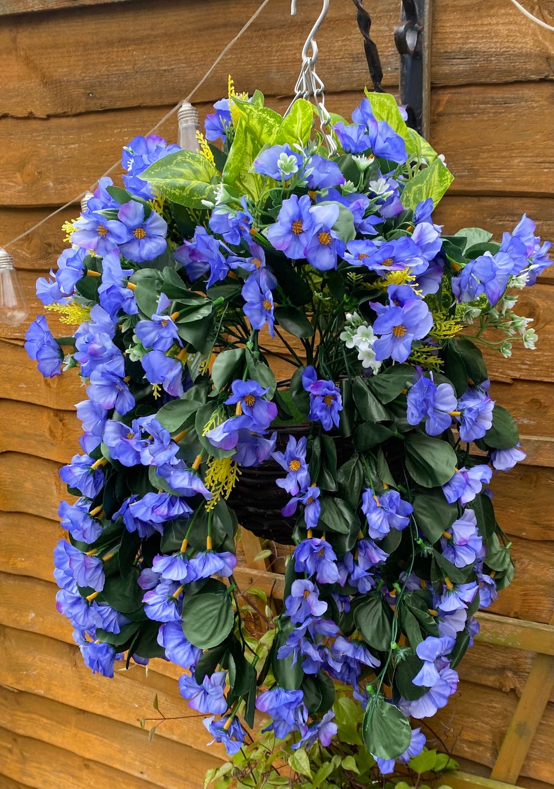 Artificial Faux Hanging Baskets Purple Blue Hanging Flowers & Greenery