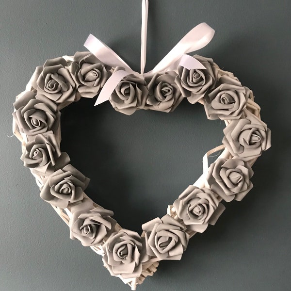 40cm white shabby chic wood heart with grey roses wall/door wreath