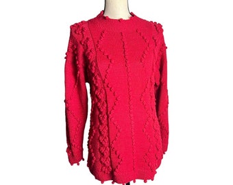 Vintage 70s Cookie M Red Oversize Cable Knit Alpaca Peru Popcorn Sweater Size S