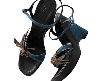 Casadei vintage blauwbruine plateausandalen met sleehak en veren Details Maat: 7,5 B