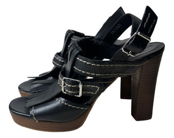Elvio Zanon Black Leather Fringe Style Heel Platform Sandals Size 39 (US 8.5)