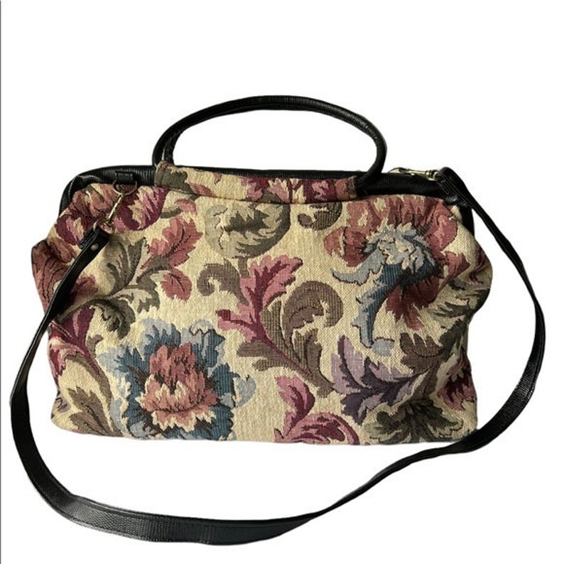 Vintage 70s Victorian Floral Tapestry Colorful Traveler Handbag image 1