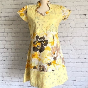 Vintage Handmade Yellow Floral Cotton Lace Shift Dress