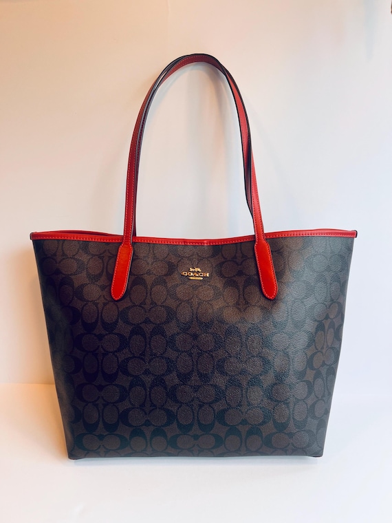 Coach City Tote Signature Canvas Brown Leather Bag With Red