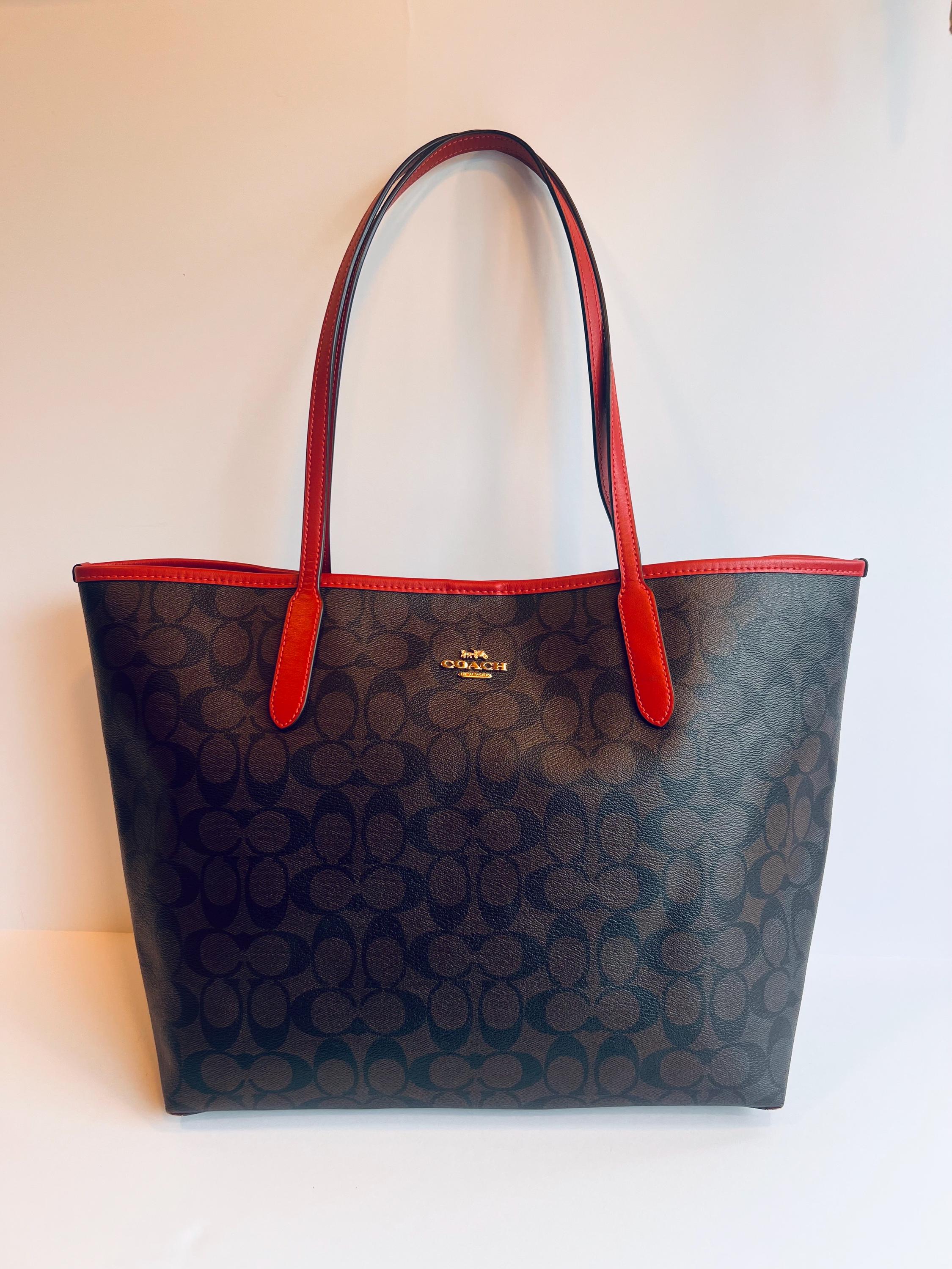 Coach City Tote Signature Canvas Brown Leather Bag With Red 