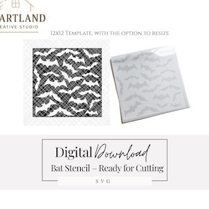 May include: A digital download bat stencil with a 12x12 template. The stencil features a pattern of bats. The text "Digital Download Bat Stencil - Ready for Cutting" is displayed below the stencil.