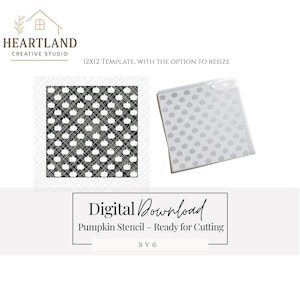 Puede incluir: Plantilla de calabaza para descarga digital. El diseño presenta un patrón repetido de calabazas blancas sobre un fondo a cuadros en blanco y negro. La plantilla está lista para cortar y es una plantilla de 30,5 x 30,5 cm con la opción de cambiar el tamaño.