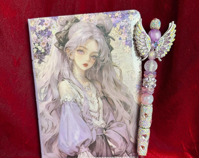 Anime Journal Notebook & Bling Pen Set | Kawaii Stationery Gift | Cute Handmade Notebook | Rhinestone Pen | Anime Lover Gift