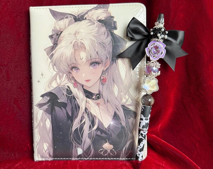 Anime Journal Notebook & Bling Pen Set | Kawaii Stationery Gift | Cute Handmade Notebook | Rhinestone Pen | Anime Lover Gift