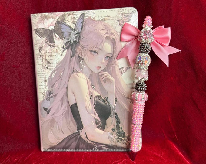 Anime Journal Notebook & Bling Pen Set | Kawaii Stationery Gift | Cute Handmade Notebook | Rhinestone Pen | Anime Lover Gift