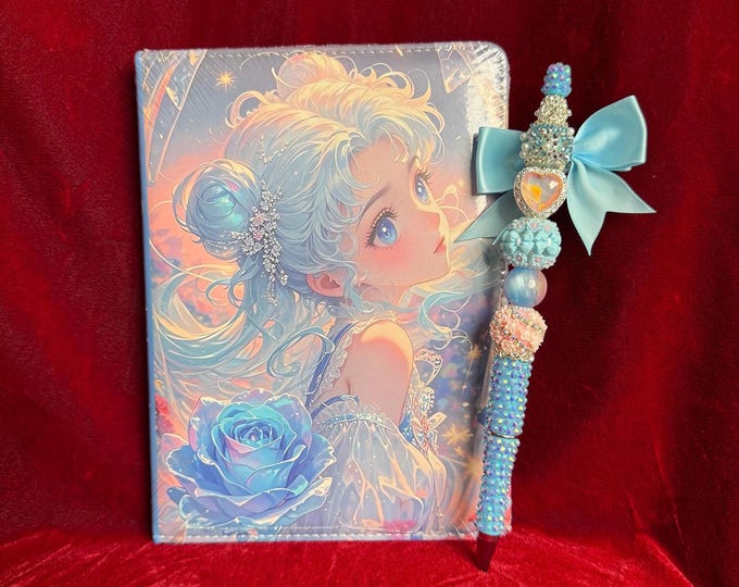 Anime Journal Notebook & Bling Pen Set | Kawaii Stationery Gift | Cute Handmade Notebook | Rhinestone Pen | Anime Lover Gift