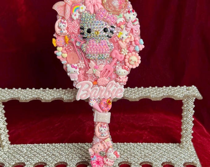 Pink Barbie Hello Kitty Inspired Rhinestone Hand Mirror | Kawaii Vanity Mirror | Cute Girly Decor | Bling Makeup Mirror Gift for Her
