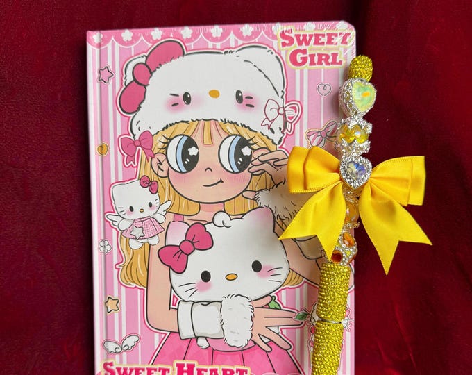 Anime Journal Notebook & Bling Pen Set | Kawaii Stationery Gift | Cute Handmade Notebook | Rhinestone Pen | Anime Lover Gift