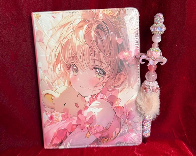 Anime Journal Notebook & Bling Pen Set | Kawaii Stationery Gift | Cute Handmade Notebook | Rhinestone Pen | Anime Lover Gift