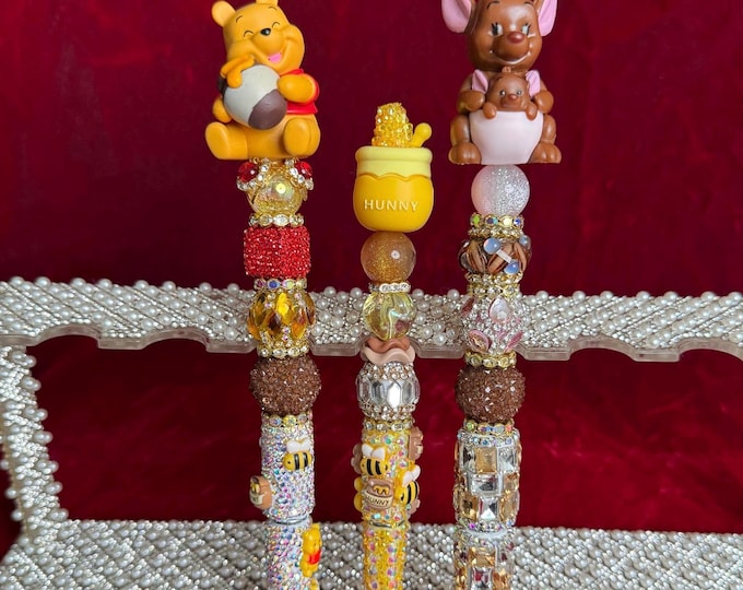 Handmade Bling Pen Set | Pooh Rhinestone Pen | Custom Decorative Ink Pen | Cute Desk Accessory | Unique Gift for Her | One-of-a-Kind Pen