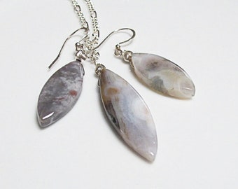 Madagascar Ocean Jasper Marquise Pendant and Earrings Set – Polished Orbicular Gemstone Jewelry