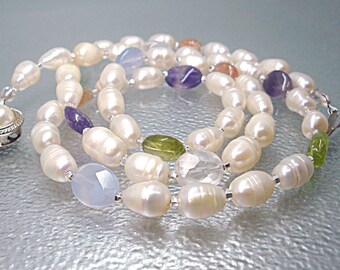 Long 64 cm natural white Pearl Necklace. White baroque Pearl and gemstones Necklace. Multi-color Pearl Necklace.