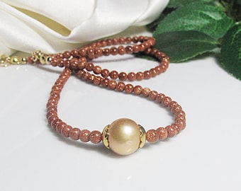 Goldstone and natural Pearl Necklace. Goldstone aventurine Beaded Necklace. Cultured Freshwater Pearl 9 mm.