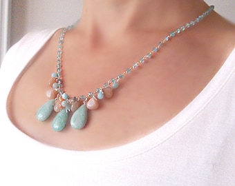 Collana in pietra di luna color pesca e amazzonite, catena rosario in argento sterling e apatite