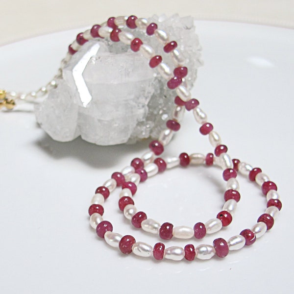 Natural Ruby Choker necklace. Natural Ruby and white pearl beaded Necklace. White and red beaded necklace. Ruby and White Pearl Necklace.