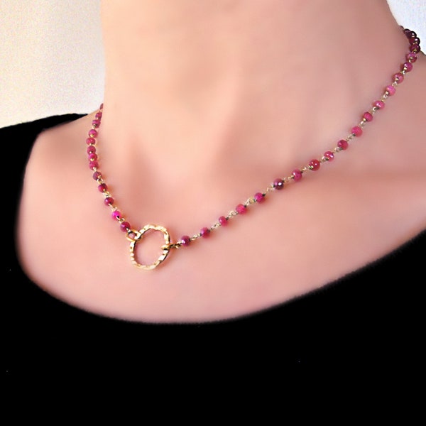 Choker necklace. Natural Ruby Rosary choker Necklace. 14Kgold filled circle pendant choker.