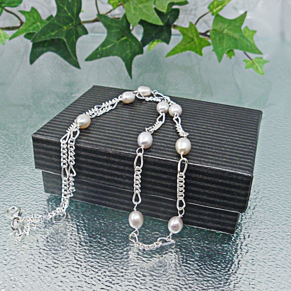 Grey pearl station Necklace. Hand wired grey freshwater pearls chain necklace.