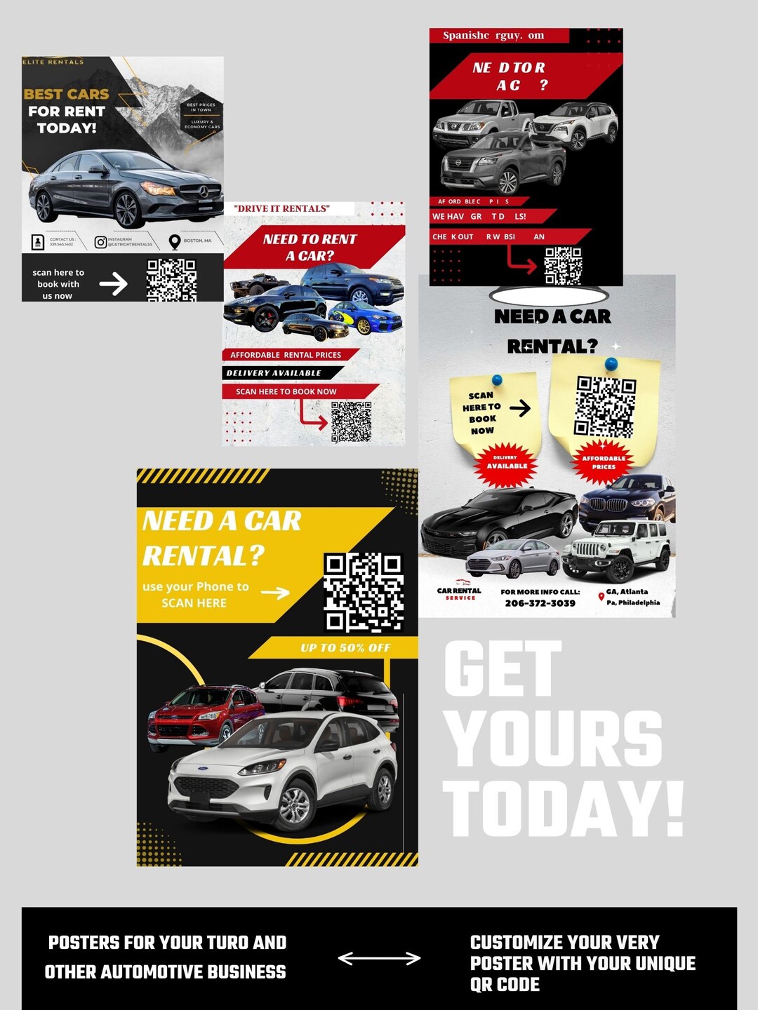 Custom Car Rental Posters Business Cards With Custom QR CODE for Turo