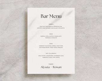 Wedding Bar Menu Template, Drink Menu, Printable Minimalist Canva Wedding Bar Menu Template, Wedding Day of / Alyssia