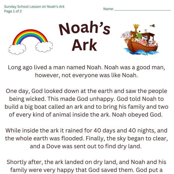 Printable Sunday School Lesson on Noah's Ark